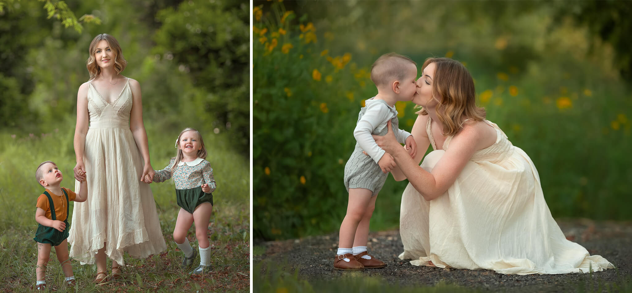Perth mum with her toddlers in a lush green outdoor location during spring family photoshoot