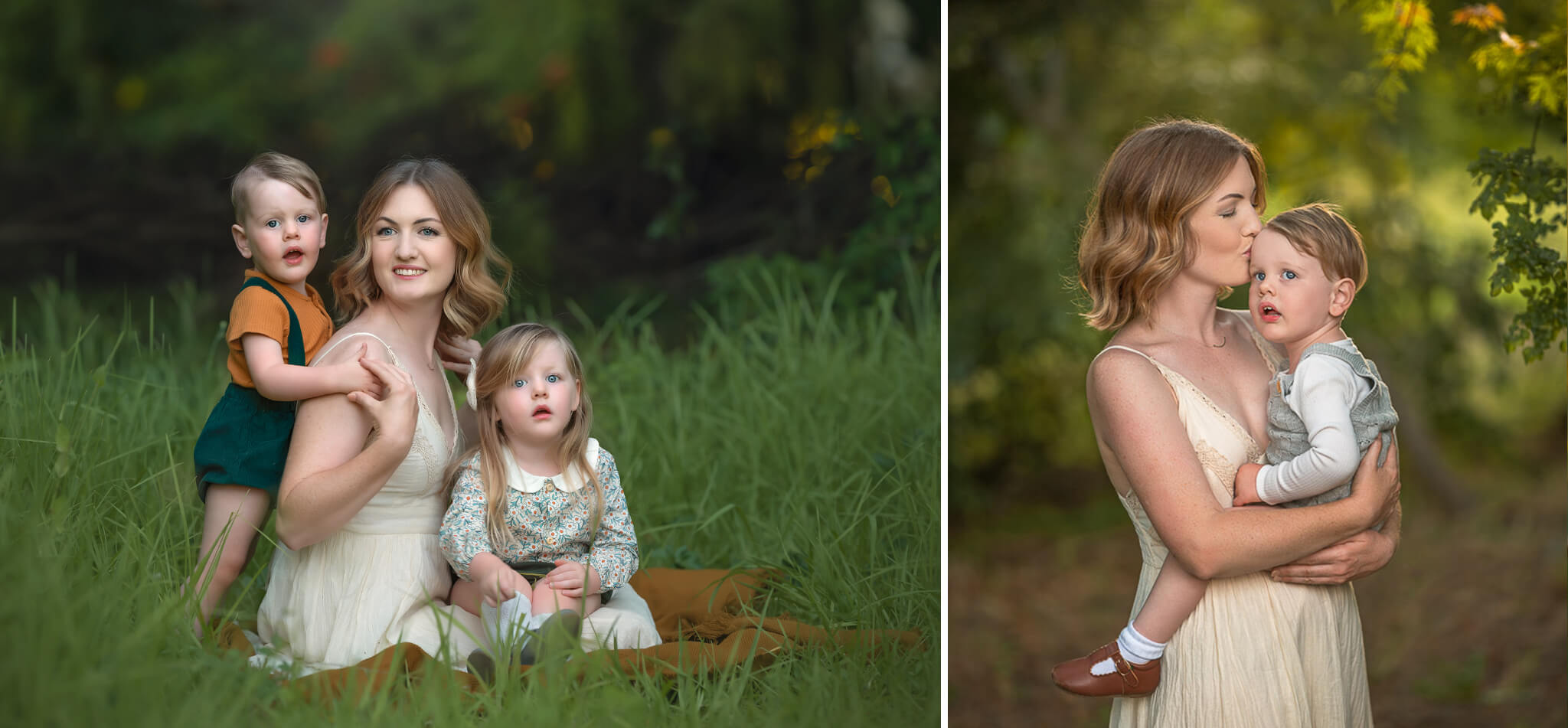 Perth mum with her toddlers in a lush green outdoor location during family photoshoot