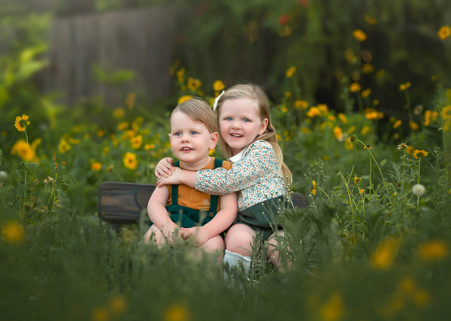 Perth Sibling Portraits in a gorgeous Perth location with yellow flowers during spring photoshoot
